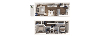 A top-down view of a two-bedroom apartment layout.