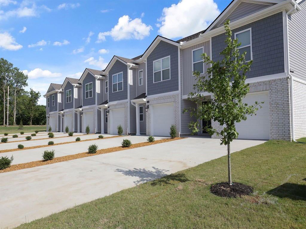 A tree is planted in front of a grey house.