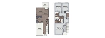 A floor plan of a house with a garage, living room, dining room, kitchen, laundry, and three bedrooms.