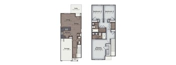 A floor plan of a house with a garage, living room, dining room, kitchen, and three bedrooms.
