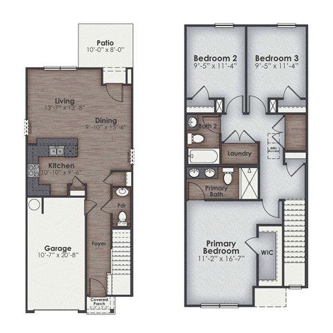 A floor plan of a house with a garage, living room, dining room, kitchen, and three bedrooms.