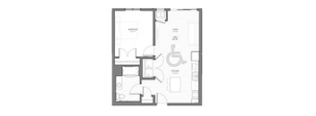A floor plan of a house with a bedroom, living room, and kitchen.