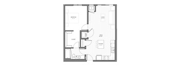A black and white floor plan of a small apartment with a bedroom, living room, kitchen, and closet.