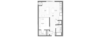 A floor plan of a small apartment with a living room, kitchen, bedroom, and closet.