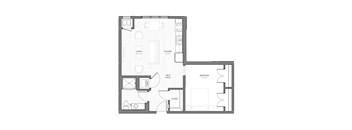 A black and white floor plan of a house with a living room, kitchen, bedroom, and closet.