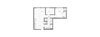 A black and white floor plan of a house with a kitchen, living room, dining room, bedroom, and bathroom.