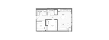 A floor plan of a small apartment with a kitchen, living room, and two bedrooms.