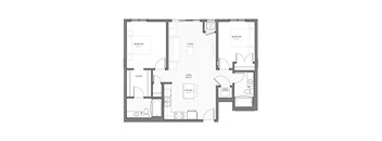 A black and white floor plan of a house with two bedrooms, a living room, a kitchen, and a closet.