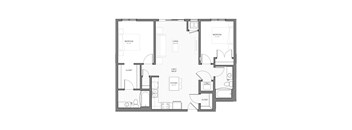 A black and white floor plan of a house with two bedrooms, a living room, a kitchen, and two closets.