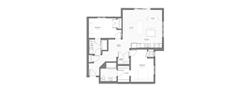 A floor plan of an apartment with two bedrooms, a living room, a kitchen, and a cloakroom.
