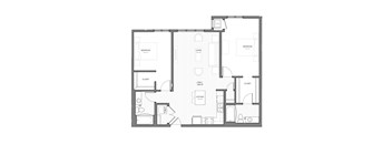 A black and white floor plan of a house with two bedrooms, a living room, a kitchen, and two closets.