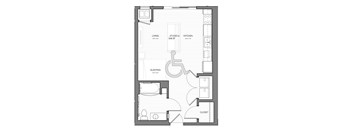 A floor plan of a small apartment with a living room, kitchen, sleeping area, and closet.