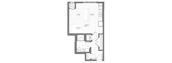 A floor plan of a small apartment with a living room, kitchen, and sleeping area.