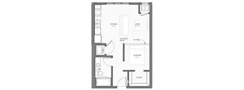 A floor plan of a small apartment with a kitchen, living room, and sleeping area.