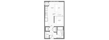 A floor plan of a small apartment with a kitchen, living room, sleeping area, and closet.
