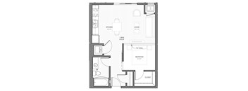 A floor plan of a small apartment with a kitchen, living room, bedroom, and closet.