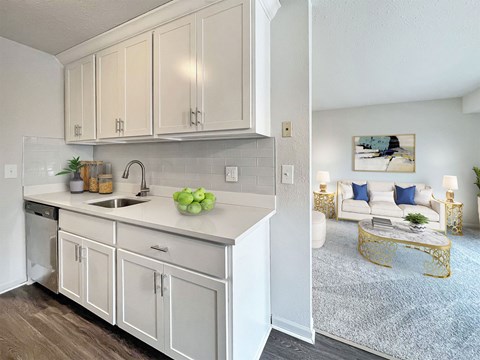 A kitchen with white cabinets and a white countertop with a bowl of green apples on it.