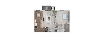 A floor plan of a house with a living room, dining room, kitchen, and bathroom.