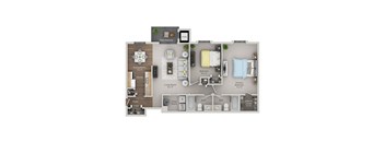 A floor plan of a house with a living room, dining room, kitchen, and bathrooms.