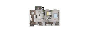 A floor plan of a house showing a living room, dining room, kitchen, and bedrooms.