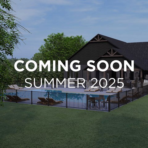 A poolside scene with a house and the text "COMING SOON SUMMER 2025".