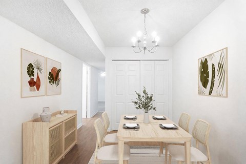 A dining room with a wooden table set for four.