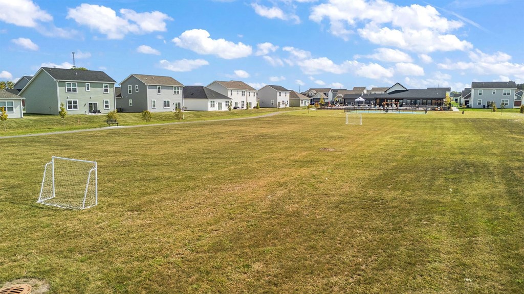 A soccer goal stands in a grassy field with houses in the background.
