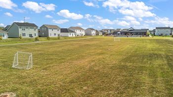 A soccer goal stands in a grassy field with houses in the background.