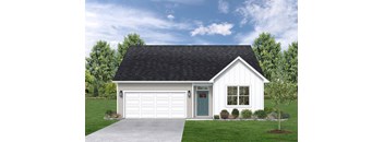 the front view of a white house with a garage door