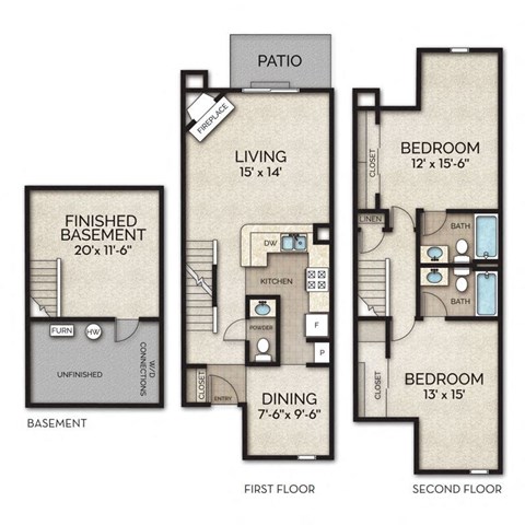 2 bed 2.5 bath townhome floor plan