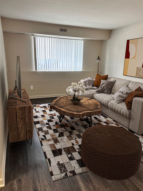 A living room with a checkered rug and a brown wicker ottoman.