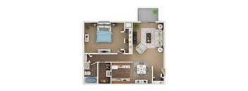 A top-down view of a small apartment with a bedroom, living room, kitchen, and bathroom.