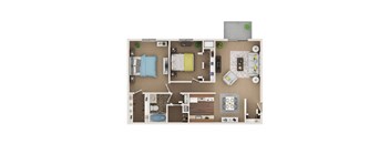 A top-down view of a well-organized apartment with a bedroom, living room, kitchen, and bathroom.