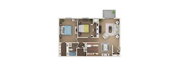A top-down view of a well-organized apartment with a bedroom, living room, kitchen, and bathroom.