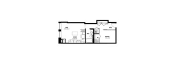 A floor plan of a small apartment with a living room, kitchen, and bedroom.