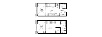 A floor plan of a two-story home with a living room, kitchen, bedroom, and bathroom.