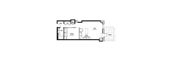 A floor plan of a house with a living room, bedroom, bathroom, and kitchen.
