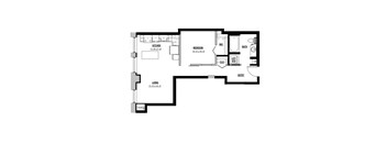 A floor plan of a house with a living room, kitchen, bedroom, bathroom, and laundry room.