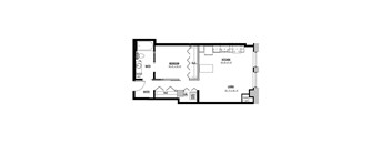 A floor plan of a house with a kitchen, living room, and bathroom.