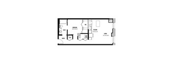 A floor plan of a house with a living room, kitchen, bedroom and bathroom.
