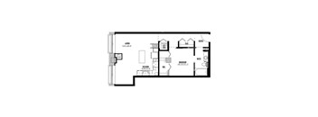 A floor plan of a house with a living room, kitchen, bedroom, and bathroom.