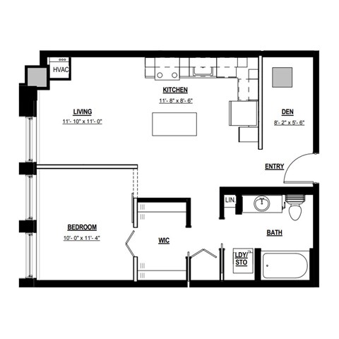 A black and white floor plan of a house with a living room, kitchen, bedroom, bathroom, and den.