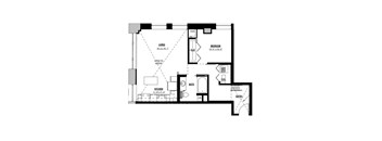 A floor plan of a home with a living room, kitchen, bathroom, and bedroom.
