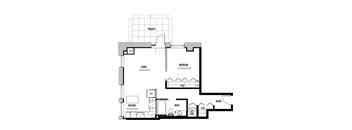 A floor plan of a house with a living room, kitchen, bathroom, and bedrooms.