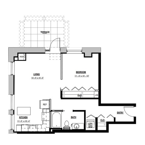 A floor plan of a house with a living room, kitchen, bathroom, and bedrooms.