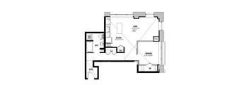 A floor plan of a house with a living room, kitchen, bedroom, and bathroom.
