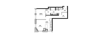 A floor plan of a home with a bedroom, living room, kitchen, bathroom, and den.