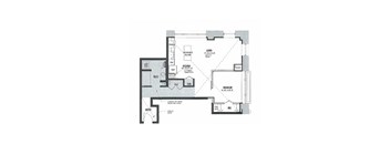 A floor plan of a house with a living room, kitchen, bathroom, and bedroom.