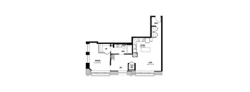 A floor plan of a home with a living room, kitchen, and bathroom.