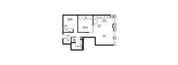 A floor plan of a living space with two bedrooms, a kitchen, and a bathroom.